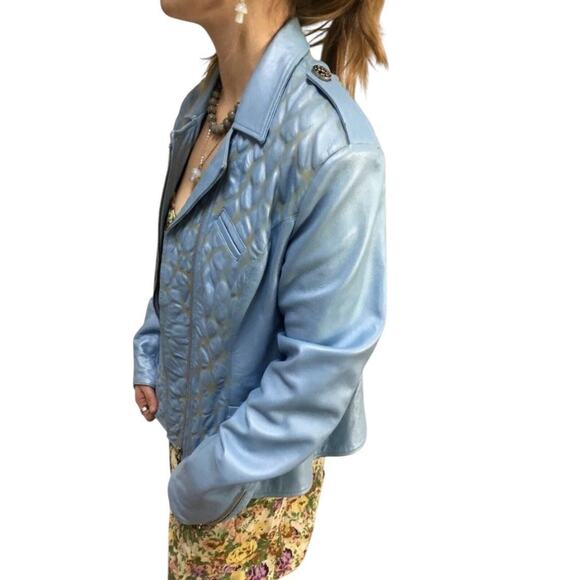 90s Kaptain Celebrity Design Blue Bubble Leather Moto Jacket Quilted - Picture 6 of 7